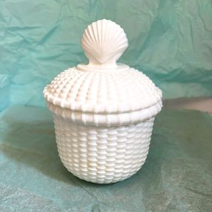 Milk glass basket trinket box seashell motif with a waffle weaved basket